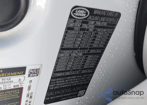 2020 Land Rover Range Rover Velar P250 R-Dynamic S z USA, uszkodzony, nr VIN SALYK2EX5LA286174